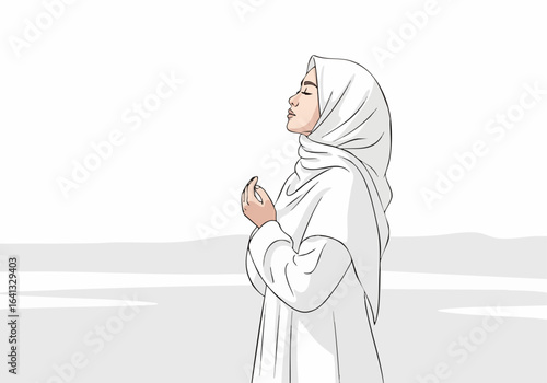 Vector Art of a Young Woman in Hijab Practicing Meditation Against a Minimalist Background for Wellness Blogs, Mindfulness Websites, Cultural Awareness, and Spiritual Content  