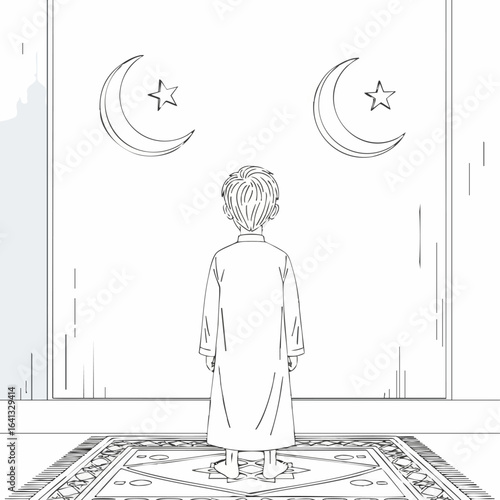 Boy in Traditional Attire Gazing at Crescent Moons and Stars with Intricate Rug Design for Educational Blogs, Cultural Awareness Websites, and Spiritual Content  