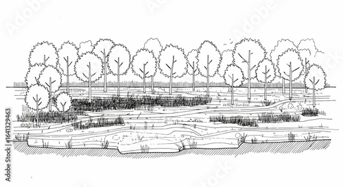 Hand-drawn landscape illustration of trees and water with sketch style rendering