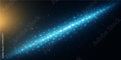 An abstract blue background glows with cosmic stars and nebulae, creating a bright and captivating universe