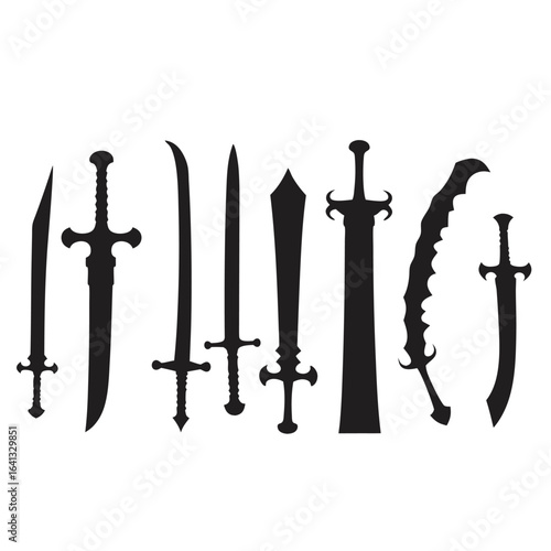 Collection of diverse sword silhouettes on white background 9