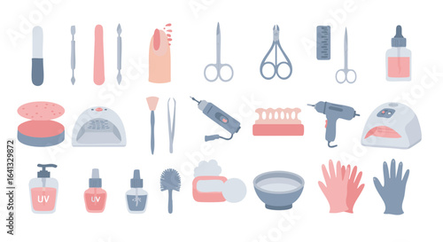 Manicure tools flat icon set vector isolated nail care items