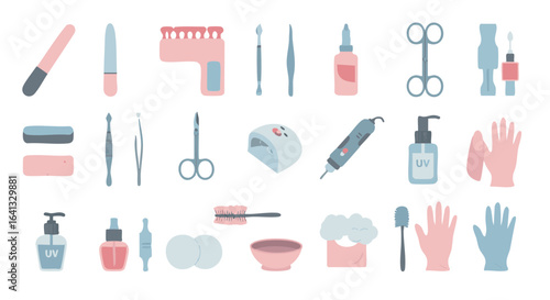 Manicure tools flat icon set vector isolated nail care items