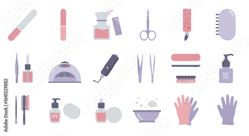 Manicure tools flat icon set vector isolated nail care items