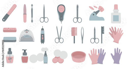 Manicure tools flat icon set vector isolated nail care items
