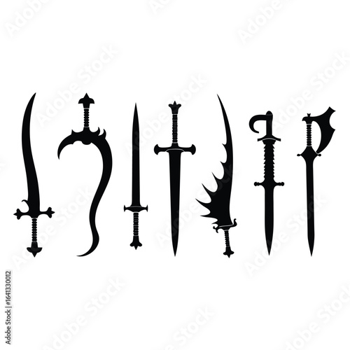 Collection of diverse sword silhouettes on white background 10