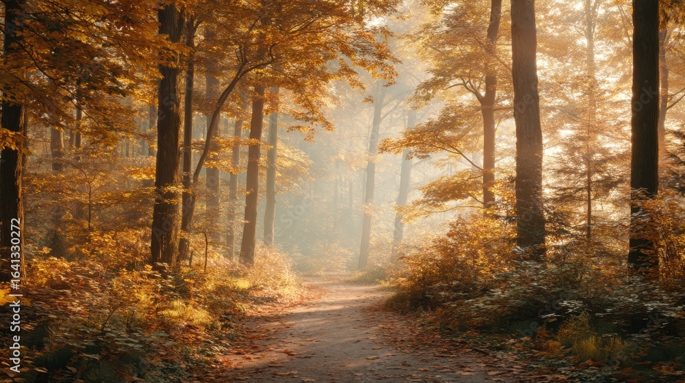 Fototapeta premium A path with autumn leaves through a forest with sunlight filtering through the trees. Sunbeam illuminated nature background.