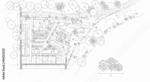 Detailed architectural landscape plan with building infrastructure and green spaces