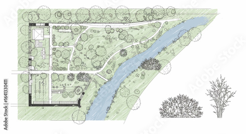 Detailed Architectural Landscape Plan with River, Greenery and Tree Illustrations