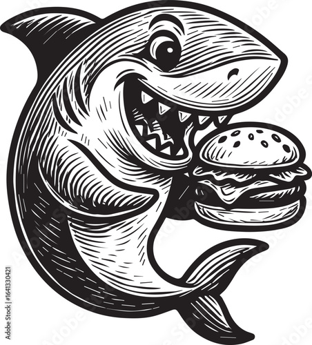 Shark character eating hamburger vector illustration