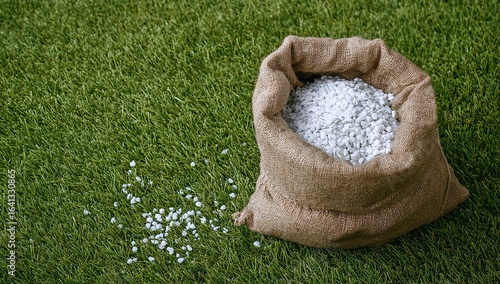 Gray Grass Growing with Open Bag of White Granules on Lawn Background