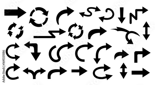 A collection of various black arrow silhouettes vector.