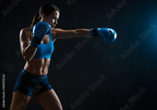 Female Boxer Training: Powerful Punch in Blue Gloves and Sports Bra - Fitness and Combat Sports