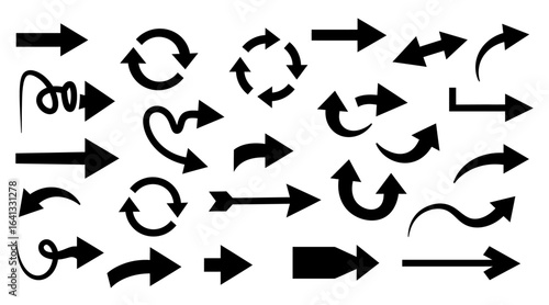 A collection of various black arrow silhouettes vector.