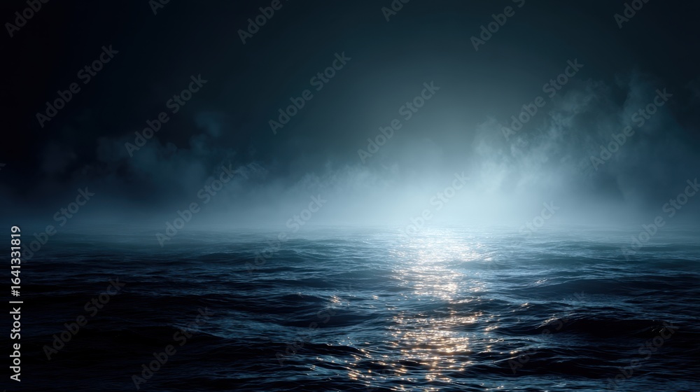 Fototapeta premium Dark blue rippling sea water with bright light reflecting from the surface. Mystical concept. Water texture for background.