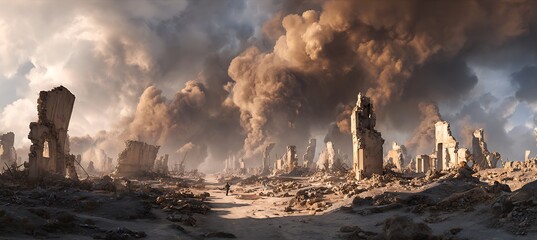 Papier peint photo Pantone 2025 Mocha Mousse Explore post apocalyptic wasteland landscape with ruins and smoke, desolate destroyed city aftermath concept art  © Ayesh Creatives