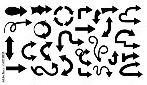 A collection of various black arrow silhouettes vector.