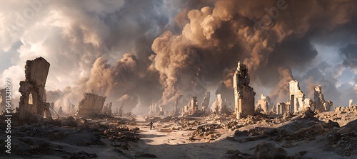 Explore post apocalyptic wasteland landscape with ruins and smoke, desolate destroyed city aftermath concept art