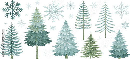 Watercolor pine trees and snowflakes in various sizes and shades of green and blue on a white background