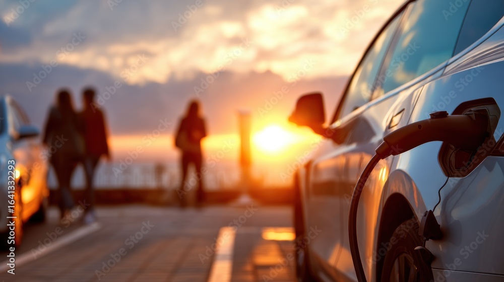 An electric vehicle charging with people and a sun setting in the background on sunset. Sustainable transport concept for a green future.