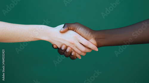 Two people shaking hands showing unity and cooperation with contrasting skin tones on green background