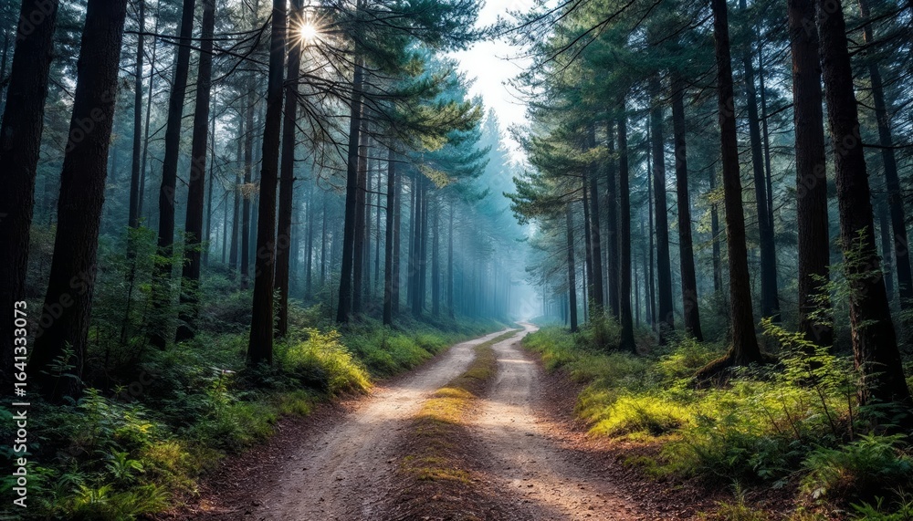 Obraz premium Winding Dirt Pathway Through Dense Pine Forest Under Early Morning Light