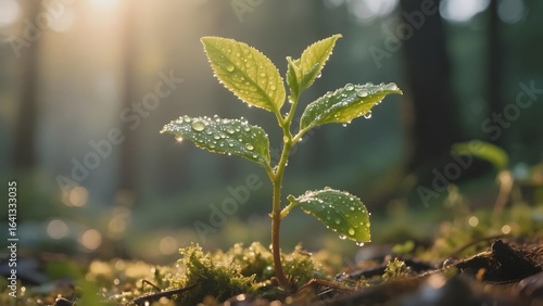 Young plant sprouting in a forest with dew drops, illuminated by morning sunlight.