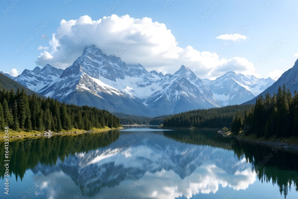 Majestic mountain range reflecting in a serene lake on a clear sunny day in the Canadian wilderness Majestic mountain range reflecting in a serene lake on a clear sunny day in the Canadian wilderness