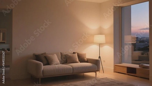 Modern living room with a cozy sofa, floor lamp, and large window overlooking the city at dusk