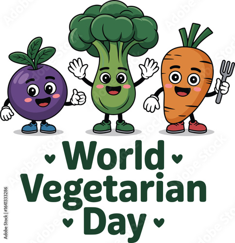 Happy cartoon vegetables celebrating world vegetarian day with smiling faces and text