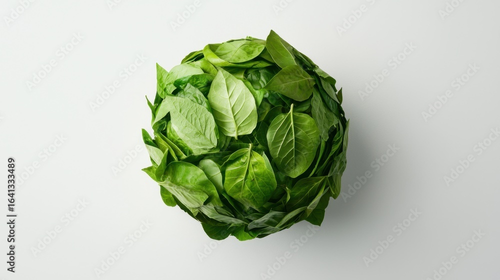 Obraz premium Fresh green spinach leaf top view forming a sphere on a white background for healthy eating and vegan food concepts.