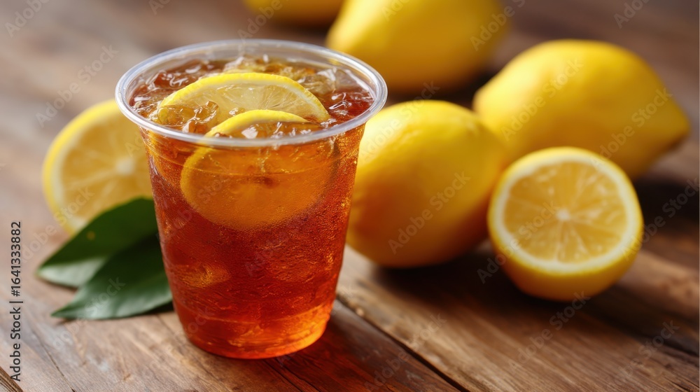 Freshly brewed iced tea with lemon slices and ice in a clear plastic cup. Refreshing summer drink for hot weather. Freshly brewed iced tea with lemon slices and ice in a clear plastic cup. Refreshing summer drink for hot weather.
