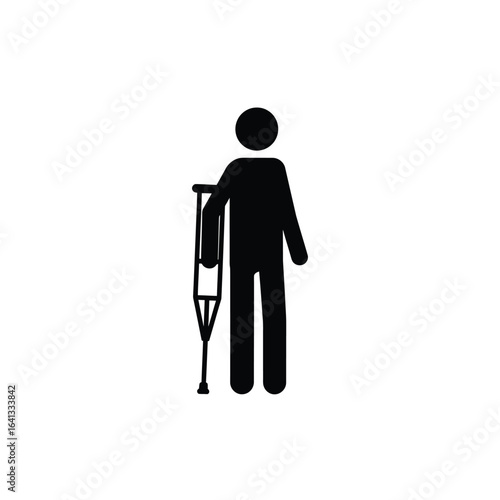 Silhouette of a person with a crutch, isolated on white background