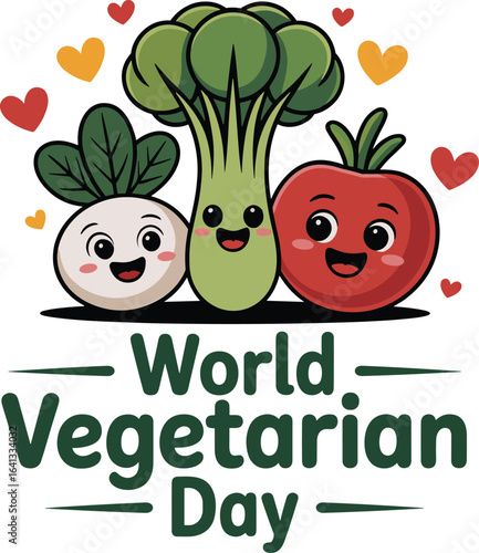 Cute vegetables celebrating world vegetarian day with hearts on a white background