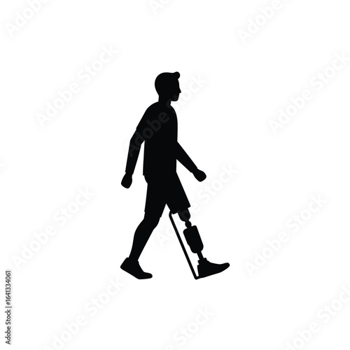 Silhouette of a man walking with a prosthetic leg, isolated on white background
