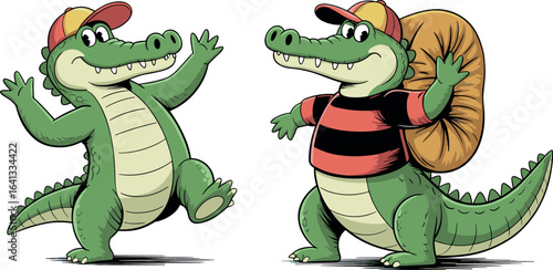 Cartoon alligators standing upright, smiling characters, whimsical animal design, snail shell costume, anthropomorphic reptiles, playful fantasy art, kids illustration