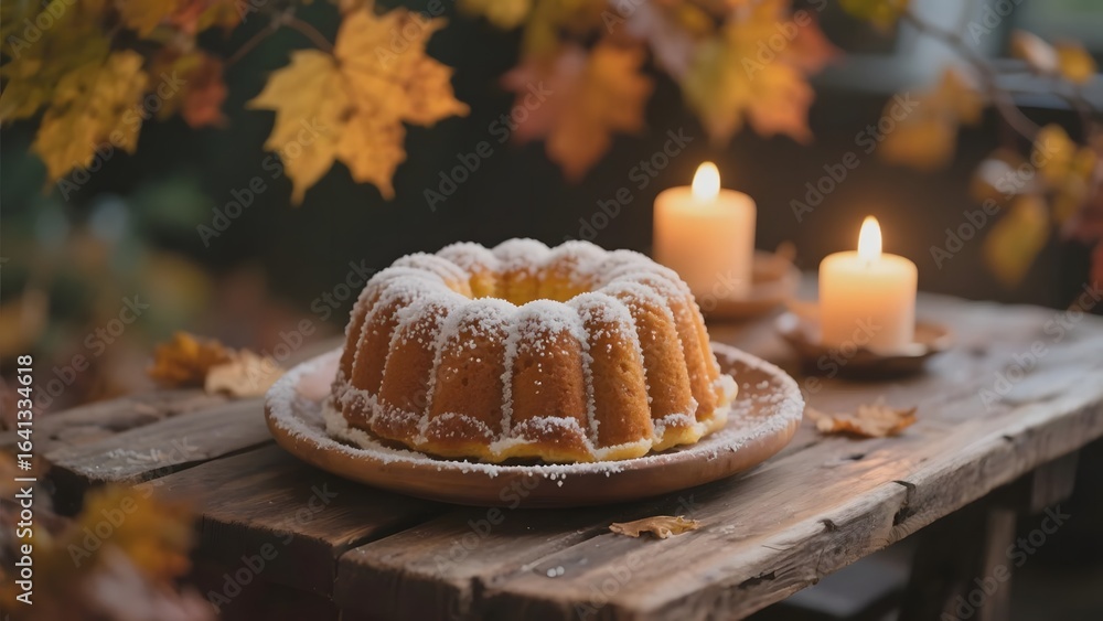 Naklejka premium Autumnal Scene with a Bundt Cake on a Rustic Table Decorated with Candles and Fallen Leaves