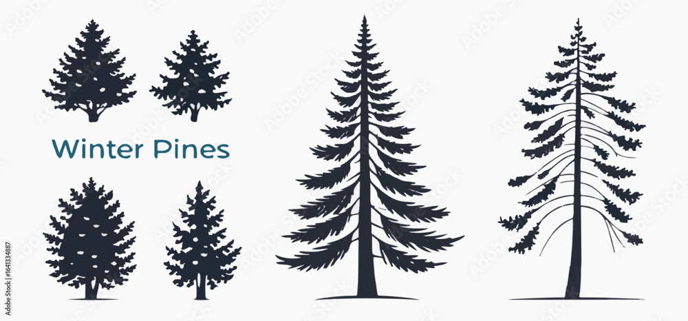 Obraz premium Collection of dark blue pine tree silhouettes with varying shapes and sizes on a white background