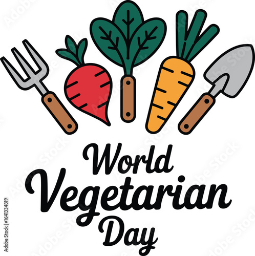 Colorful illustration celebrating world vegetarian day with vegetables and garden tools