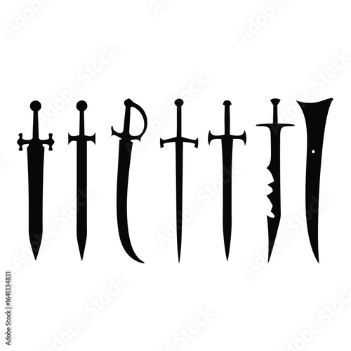 Collection of seven black sword silhouettes on white background 12