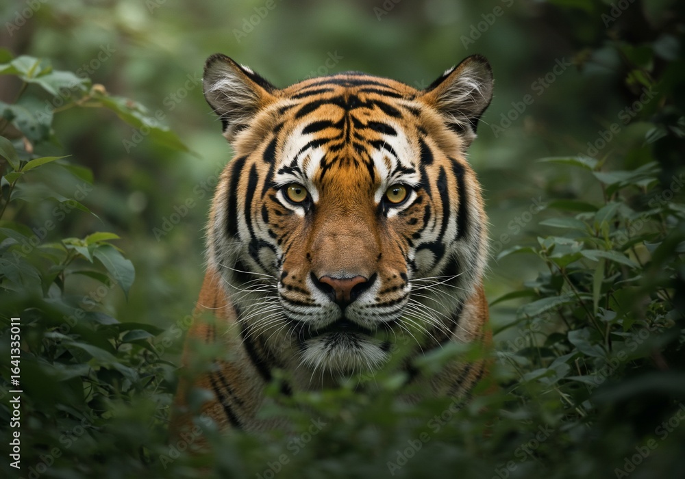 Fototapeta premium Majestic Tiger Emerging from Lush Green Foliage
