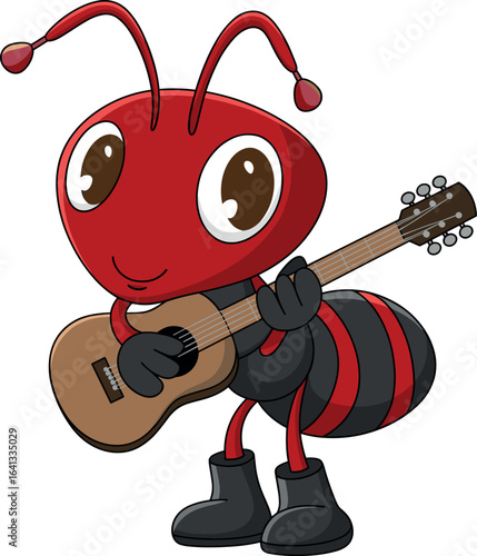 Cartoon ant with red and black body, large eyes, black boots, playing brown acoustic guitar, strumming pose
