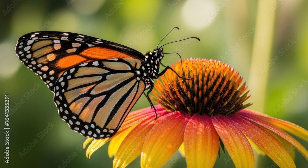 Intricate Monarch Butterfly Profile on a Radiant, Dew-Kissed Coneflower Intricate Monarch Butterfly Profile on a Radiant, Dew-Kissed Coneflower