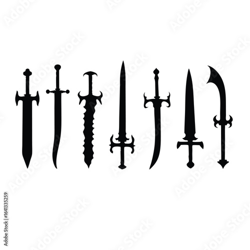 Collection of seven black sword silhouettes on white background 14