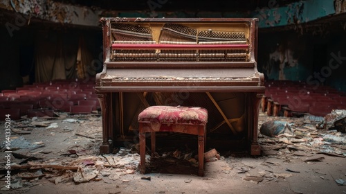 Abandoned piano in decaying interior