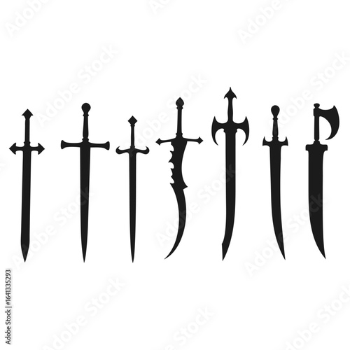 Collection of seven black sword silhouettes on white background 13
