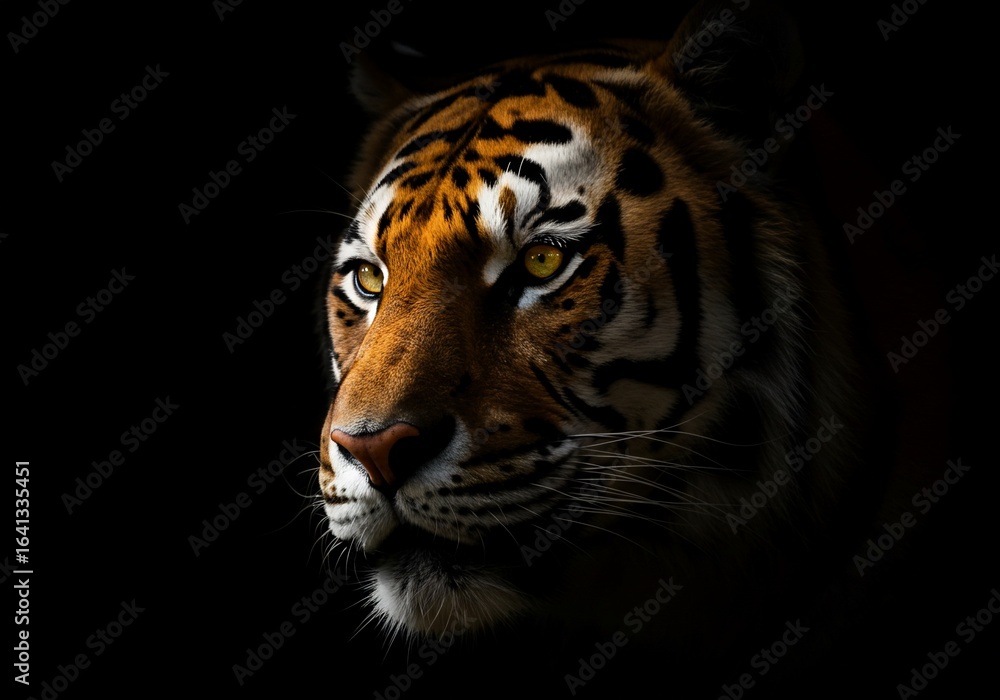 Fototapeta premium Majestic Tiger Portrait Dramatic Lighting Dark Background