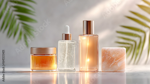 Elegant skincare products arranged on a marble surface, featuring glass containers with golden accents and natural greenery in the background, showcasing beauty and wellness. Selective focus