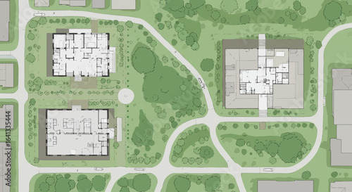 Architectural site plan illustration with building floor plans and green landscape design