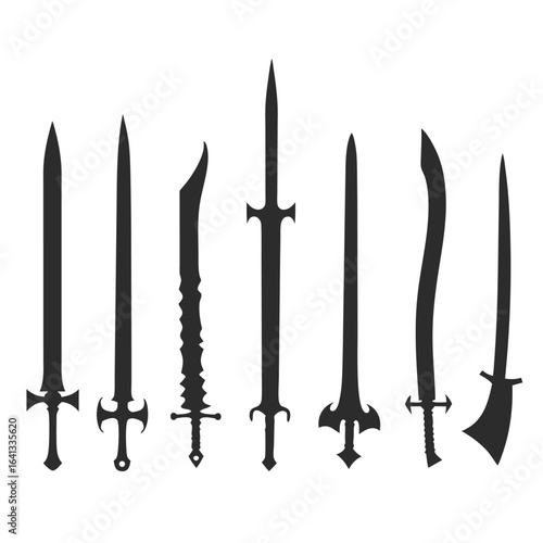 Collection of Seven Black Sword Silhouettes on White Background 15